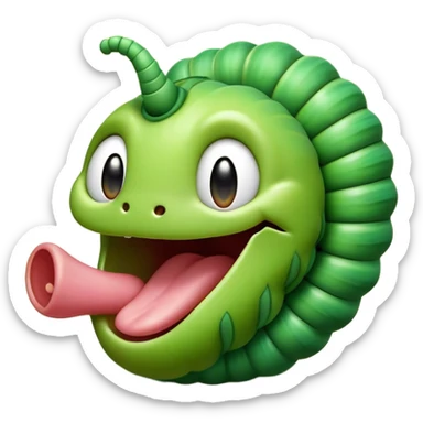 Cinematic Realistic Cute Yawning Caterpillar Portrait Emoji, Head tilted slightly with a dramatic, wide-open yawn, showcasing a soft, downy segmented body in vivid green with subtle drooping and half-closed, drowsy eyes, rendered with intricate natural texture and gentle shadows, high shine, relaxed yet expressive, styled with a dash of woodland charm, soft glowing outline, capturing the essence of a sleepy yet affectionate caterpillar that appears ready to stretch out and rest among the leaves! sticker