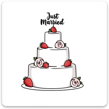 white wedding cake with strawberries, pink roses, 'Just Married' topper, hand drawn doodle style sticker