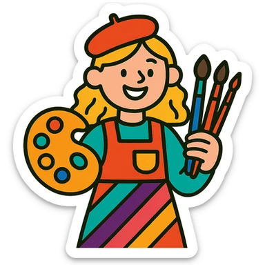 creative blond girl, holding art supplies, cheerful smile, colorful outfit, artistic vibe sticker