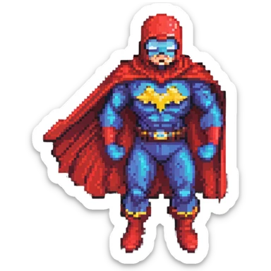 Omni-Man from Invincible, action pose, red cape, iconic mustache, superhero costume, pixelated details, pixel art style sticker