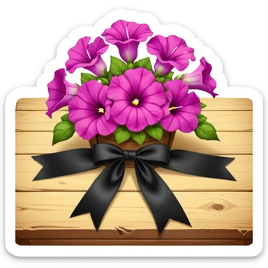 A lush bouquet of bright light margenta color petunia black satin ribbon, resting on an antique wooden table, with a pale yellow and pink plaid pattern table cloth sticker