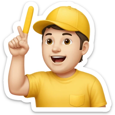 A stocky man with a cap backward, shouting proudly while pointing the foam finger upward. sticker