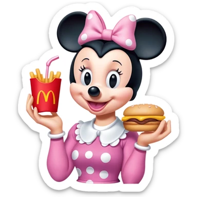 A classic Minnie Mouse happily eating a McDonald’s happy meal sticker