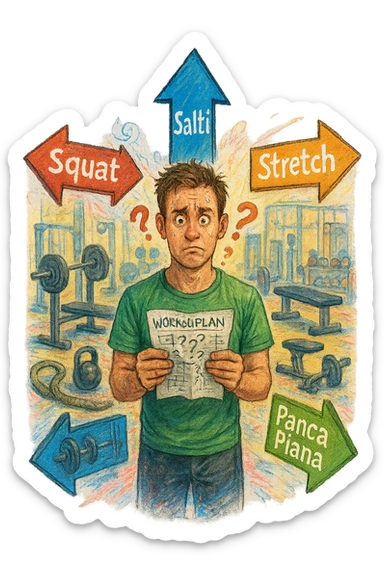 a person stands in the center of a gym, surrounded by arrows pointing in all directions, each labeled with a different exercise (e.g., “squat,” “Salti,” “stretch,” “Panca Piana”). The person looks bewildered, holding a workout plan with scribbles and question marks. The scene is colorful but visually messy, symbolizing confusion. in italiano immagine iperrealistica sticker