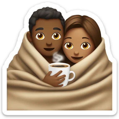 TAN SKIN GIRL AND BROWN SKIN BOY inside a blanket sipping coffee sticker
