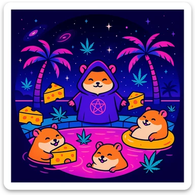 circular Discord server icon, centered composition of a hamster cult weed and cheese pool party at night, vaporwave 80s aesthetic, neon pinks and blues, palm trees, cosmic vibes sticker
