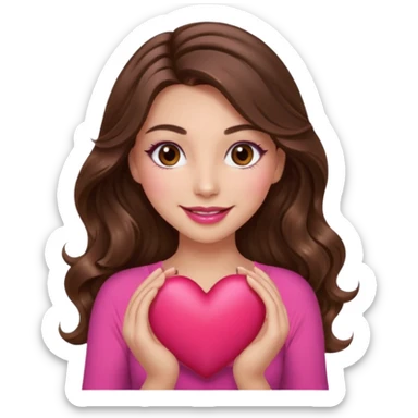 girl with long wavy brown hair, brown eyes, long lashes makeup, sexy pink lips, light to medium complexion, wearing a pink sexy top, smiling, holding a big heart with both hands sticker