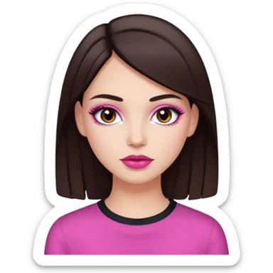 White girl with straight dark brown hair and dark brown eyes, pink lips, "clean girl" makeup  sticker