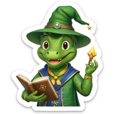 happy alligator wizard, holding a magic book, cheerful expression sticker