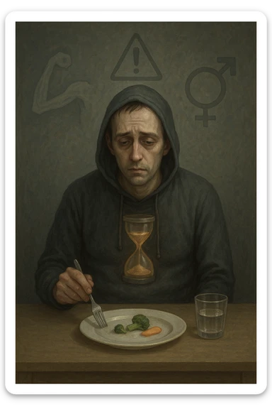 Undereating man in his 30s sitting at a table with a very small meal, looking fatigued and cold, wearing a hoodie indoors. His body appears skinny but soft, lacking muscle tone. Pale complexion, tired eyes, posture slouched. A faint hourglass inside his body glows dimly, symbolizing slowed metabolism. In the background, warning signs or ghostly outlines of potential health risks like muscle loss and hormonal imbalance. Mood: somber, undernourished, risky behavior. sticker