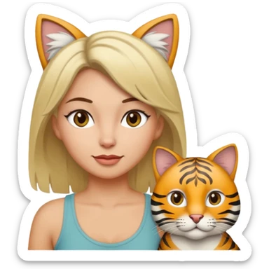 Une femme avec les cheveux dégradée, brun et blond, qui fait un câlin à son chat gris, tigré avec les extrémités que pattes et pointe d’oreilles noires et le dessous du menton blanc sticker