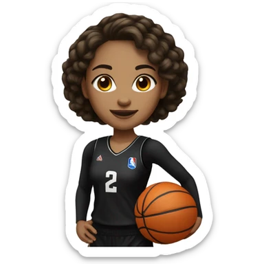 A light-skinned brunette girl is a basketball player in a black full-length uniform sticker