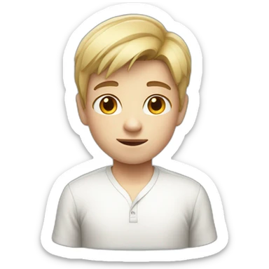 A boy with a short hear has a white skin wearing shirt  sticker