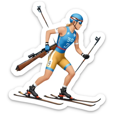 An icon featuring snow-covered trees, distant mountains, and a clear blue sky with a biathlete in motion, holding a rifle and skiing across a snowy course. Transparent background highlights the precision, endurance, and excitement of biathlon. sticker