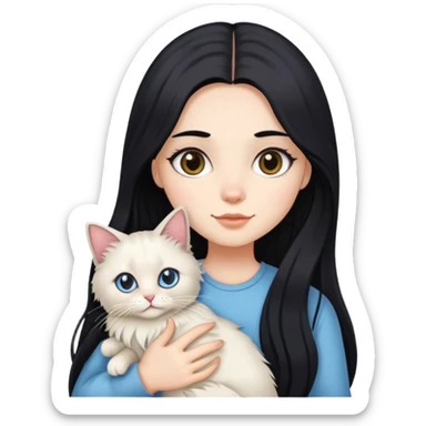 A girl with long black hair holding a cute Ragdoll cat sticker
