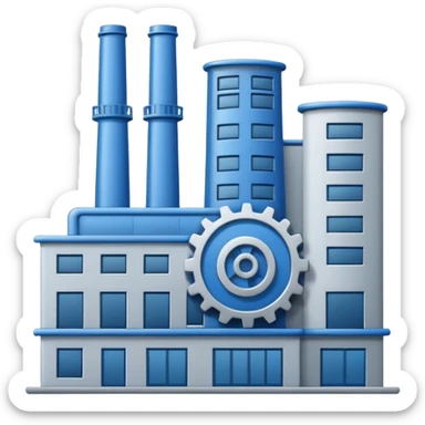 "A minimalist vector icon of a modern manufacturing factory building with a gear symbol above it. Blue and grey color scheme, flat design, white background, simple thick lines, professional business logo style." sticker