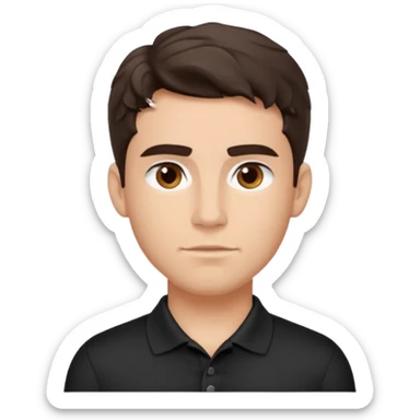 He’s a man with light to medium skin, a defined oval face, full brows, deep-set eyes, and wavy short dark brown tall hair styled with height, sides are trimmed. muscular. expression calm and focused relaxed black polo shirt. polished, articulate, and coach vibe. sticker