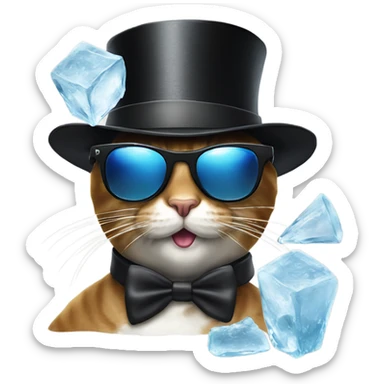 Top hat on a cat eating ice with sunglasses  sticker