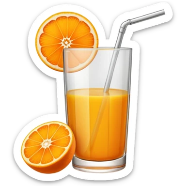 A glas of orange juice. Without a straw. With a slice of orange next to it on the bottom sticker