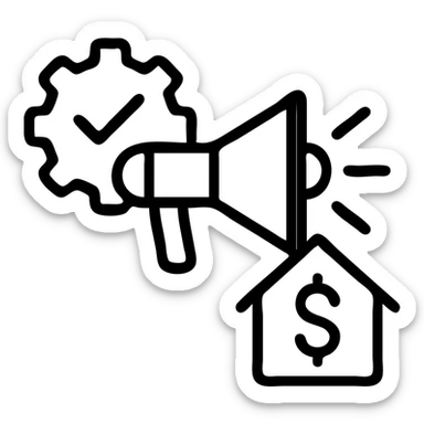 Ícono de real estate que refleje que tenemos un Marketing de lujo con Ejecución impecable, ya que las propiedades de nuestros clientes no solo se publican, sino que se les hace promoción activamente. Nuestro equipo especializado es experto en vender propiedades como lo hacen las marcas de lujo: con estrategia, estética y storytelling. sticker