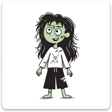 Girl zombie with messy long brown hair, stitches on face, pale green skin, and torn clothes sticker