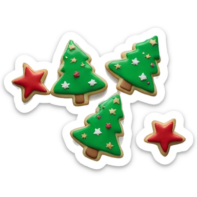 3 Christmas cookies shaped like stars and trees with red, green, and white icing, sprinkled with edible glitter sticker