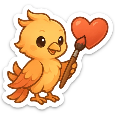 A phoenix holding a brush, painting a heart emoji, creative and hopeful atmosphere, soft gradient colors sticker