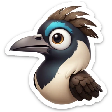 Cinematic Comical Magpie Portrait Emoji, Head tilted dramatically with an exaggeratedly shocked expression, featuring a vibrant, glossy form with wide, comically expressive eyes full of playful disbelief and a subtly animated beak, Simplified yet hilariously expressive features, highly detailed, glowing with a slightly sassy urban glow, high shine, dramatic yet playful, stylized with an air of cheeky mischief, soft glowing outline, capturing the essence of a meme-worthy magpie that looks ready to side-eye its way into viral fame! sticker