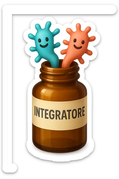 EMOJI STILE IPHONE DI boccetta di integratore con la scritta "INTEGRATORE" SULL'ETICHETTA, con batteri intestinali turchesi e rosa salmone che escono, IPERREALISTICO 4K sticker