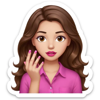 girl with long wavy brown hair, brown eyes, light to medium complexion, in a pink shirt, pink lips, long lashes, puckered lips, showing off painting nails sticker