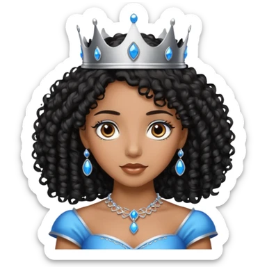 Por favor hazme el emoji de la princesa pero morena con el pelo negro y rizado, los ojos marrones y la corona plateada con jollas azules sticker