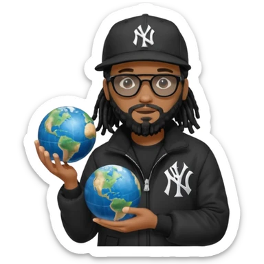 African American man with shoulder length black dreadlocks with black beard wearing black sunglasses wearing a black New York Yankees logo baseball cap wearing a black bubble winter coat holding a Globe in his hands sticker