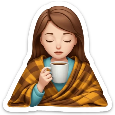 brown-haired white girl inside a blanket sipping coffee eyes closed sticker