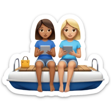 Girls sitting on a pontoon boat watching iPad at sunset sticker