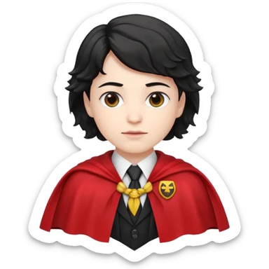 Pale skin, short black wavy hair, red and black cape, tie. A traditional vampire look. sticker