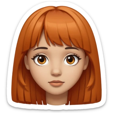 Light skin girl, black to brown orange-ish hair, big brown eyes and medium straight hair with bangs above the eyebrow  sticker