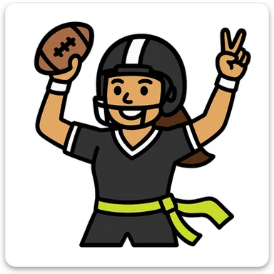 Update to show a woman celebrating a flag football touchdown, wearing a helmet, a black uniform with white accents, and a lemon lime colored flag belt around her waist, holding a football. No country flags. Keep the background transparent. sticker