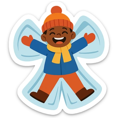 happy child making a snow angel, bundled up in winter clothes, smiling widely sticker