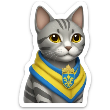 grey striped cat with ukraine coat of arms on forehead sticker