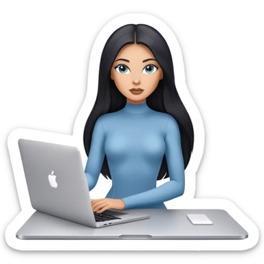 Glamours tanned very beautiful girl with pump nude lips and black straight smooth long hair, blue-grey eyes in bodysuit with one MacBook. sticker