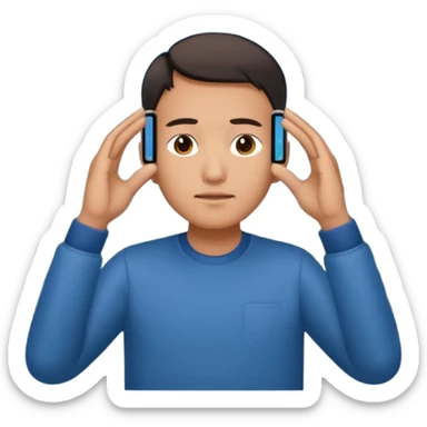 a chinese holding an smartphone with both hands in landscape mode(horizontally) on top of his forehead sticker