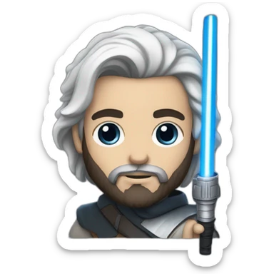 A white Portuguese with black and medium-length hair and a beard that holds a blue lightsaber sticker
