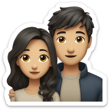 A half pale Asian man with short dark hair and amber eyes embracing and loving a half Asian woman with long wavy dark hair and dark hazel eyes. They love each other a lot And have good fashion taste. sticker