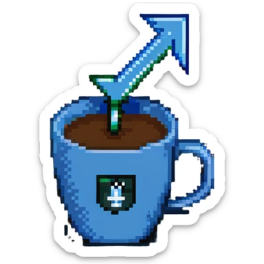 a cup of coffee with a rising stock market arrow sticker