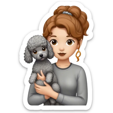 A girl with caramel brown ponytail holding a grey poodle sticker