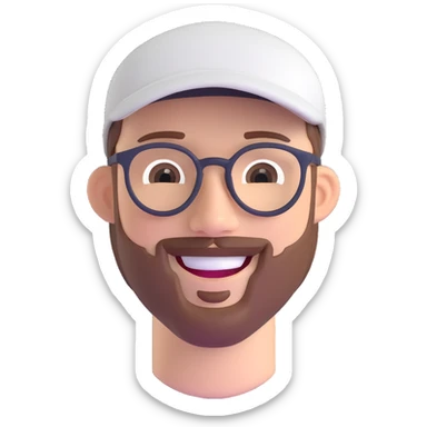 detailed emoji focusing on the face of a smiling man with glasses, white flat cap, and goatee, clean and classic style sticker