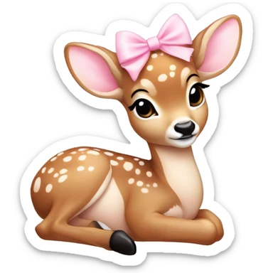 Baby deer with a little light pink bow on its head. The deer is curled up. sticker