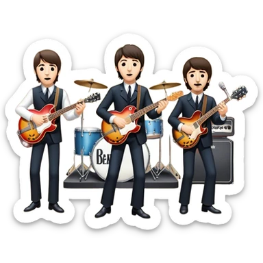 Rock music icon: The Beatles performing live on stage. John Lennon with guitar, Paul McCartney with bass, George Harrison with guitar, Ringo Starr on drums. Bright lights, energetic performance. Transparent background. sticker