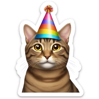 Brown tabby cat with party hat sticker