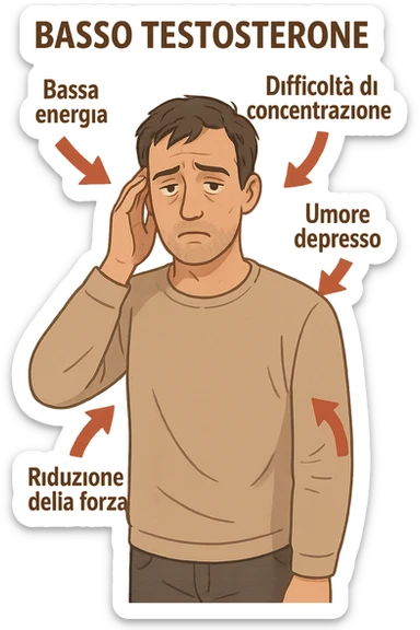  un uomo con espressione affaticata, circondato da frecce rosse che evidenziano sintomi di testosterone basso. Le frecce sono accompagnate da scritte in italiano come “Bassa energia”, “Difficoltà di concentrazione”, “Umore depresso”, “Riduzione della forza”. L’ambiente è semplice, con colori neutri e dettagli realistici. sticker